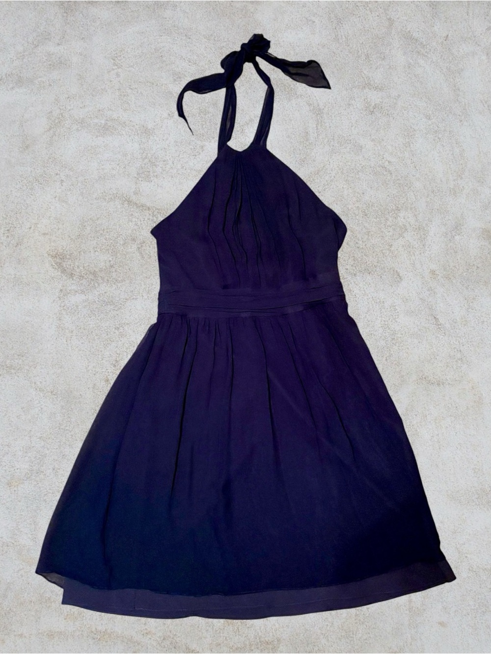 Ann Taylor 100% Silk Halter Dress Navy Sz 6 Tie Neck Pleated Chiffon Formal Mini - Picture 2 of 14